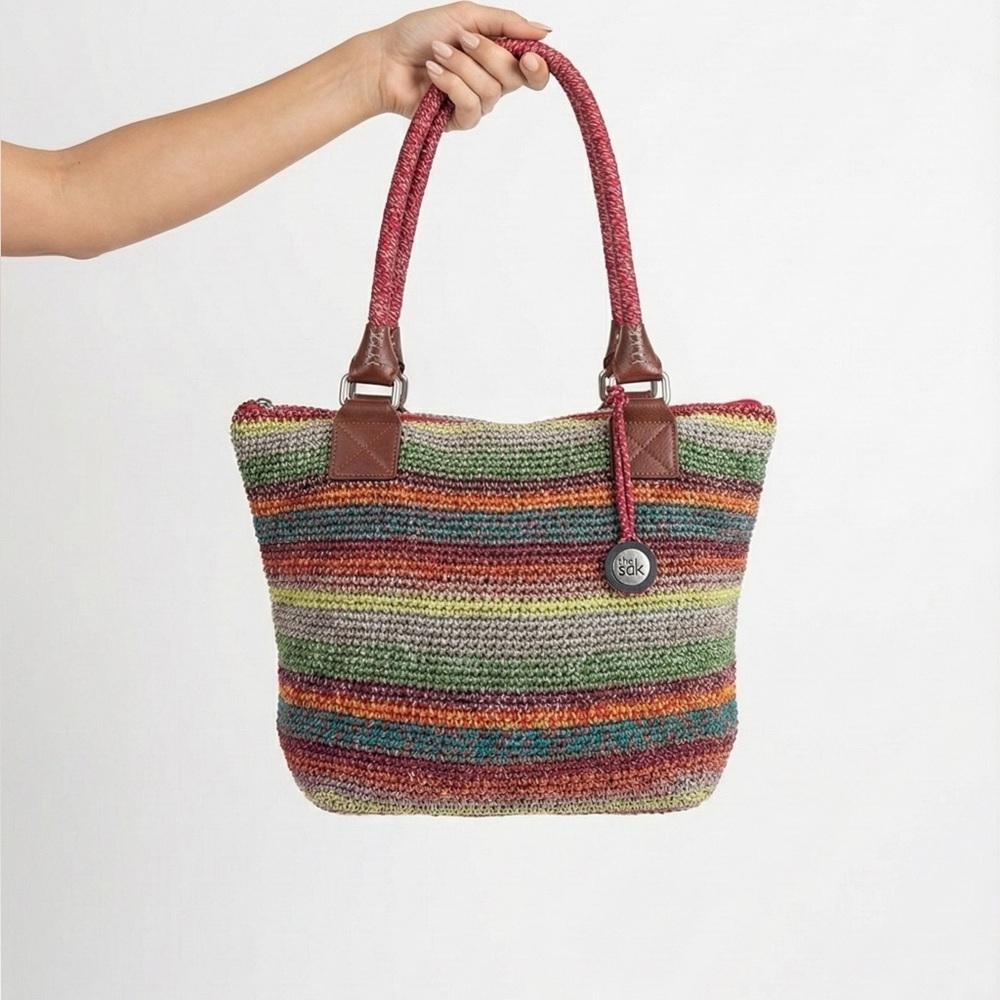 THE SAK Cambria Crochet Colourful Stripe Tote Shoulder Bag 10” Strap Drop